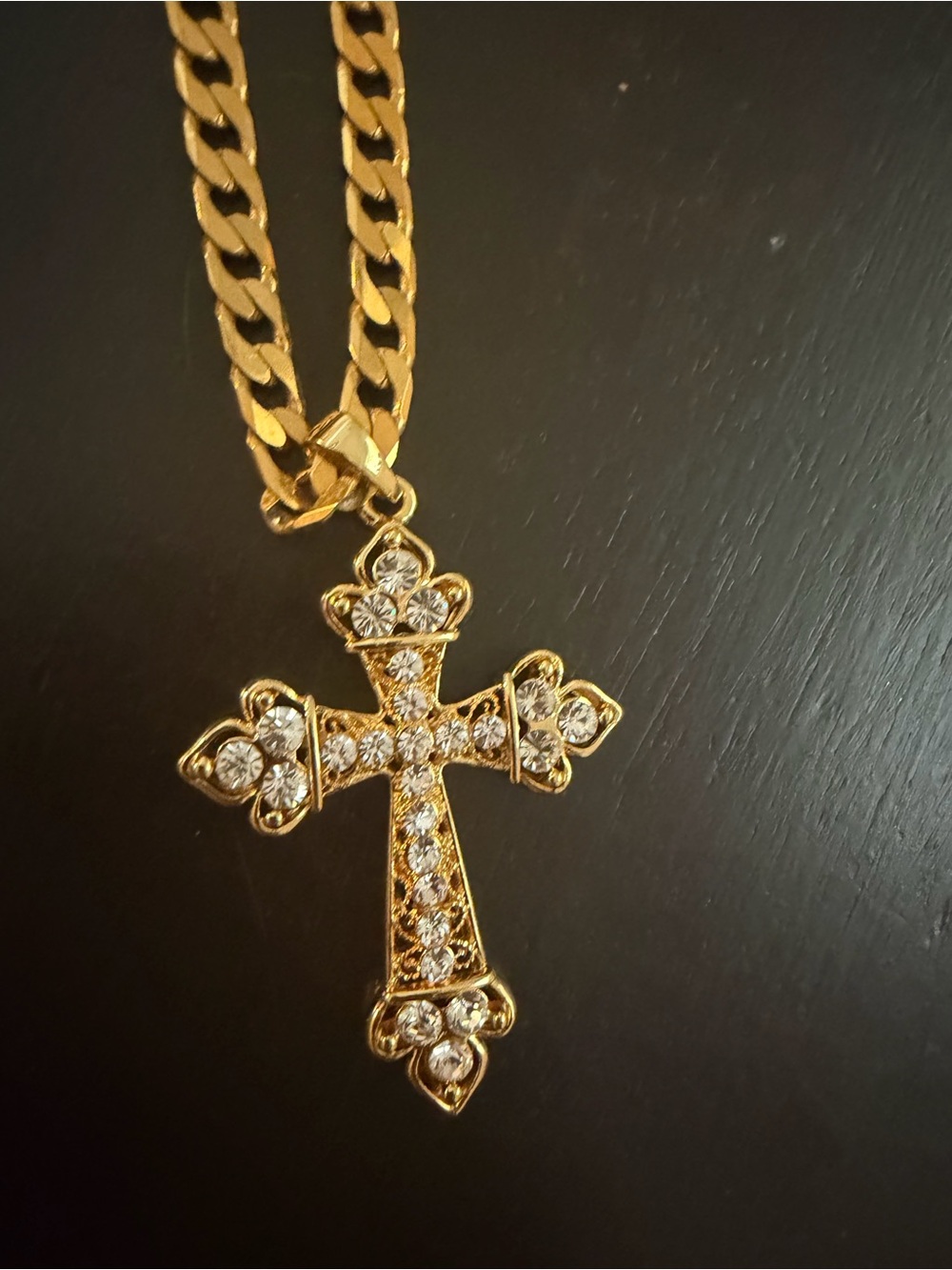Gold 24KGB Cross Pendant Necklace with Clear Crystals - Women Jewelry